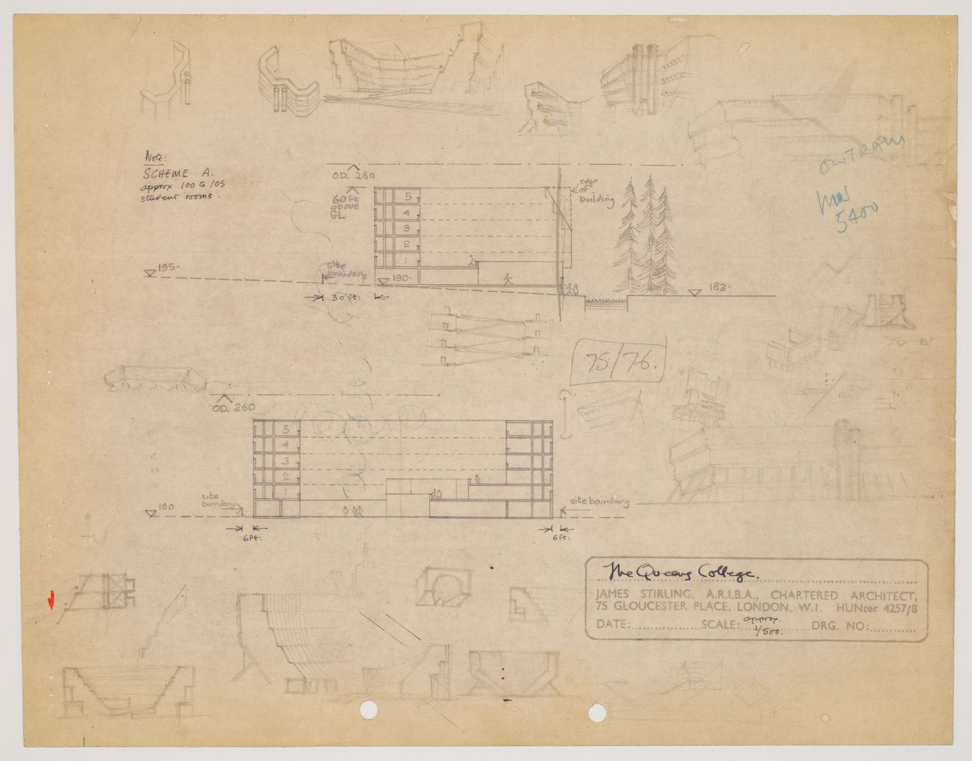 Florey Building, Queen's College, University of Oxford, Oxford, England: elevations and sketched sections and perspectives