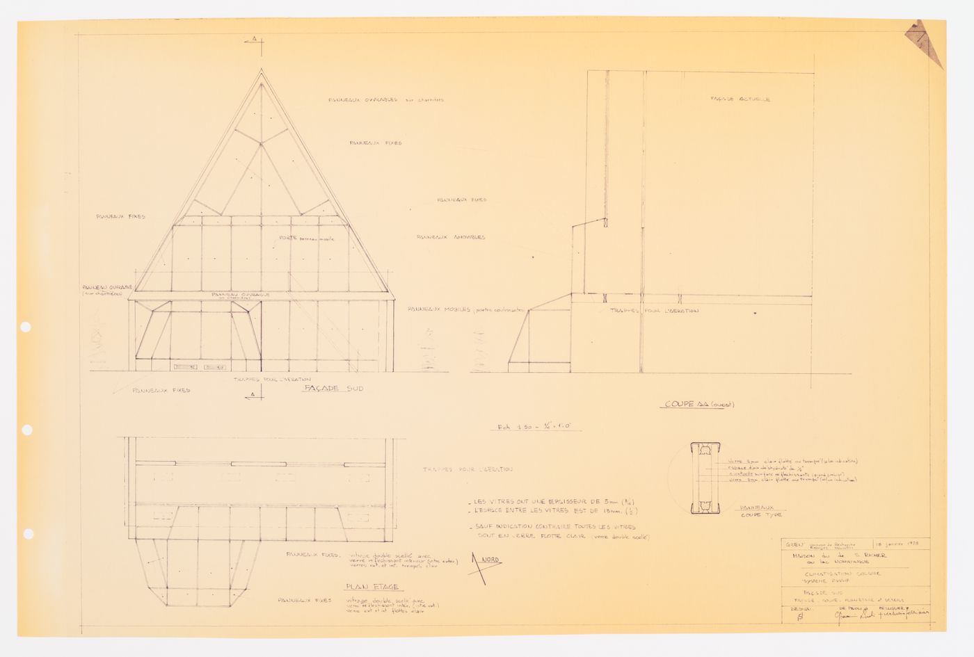 Climatisation solaire "système passif" : façade sud : façade, coupe, plan étage et détails, Maison du docteur Simon Richer, Nominingue, Québec, Canada