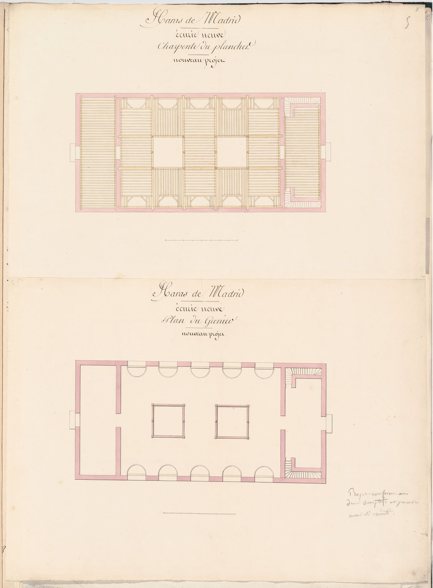 Project for a stud-farm "Haras de Madrid", Bois de Boulogne: Floor plan and framing plan for a grainery and stable