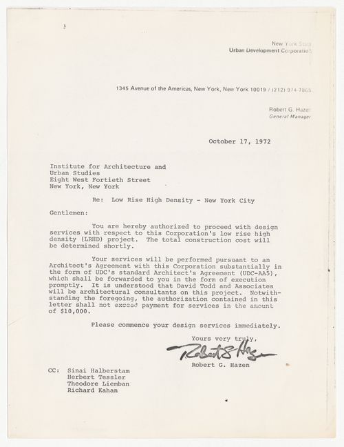Letter from Robert G. Hazen to IAUS about Low-Rise High-Density (LRHD)