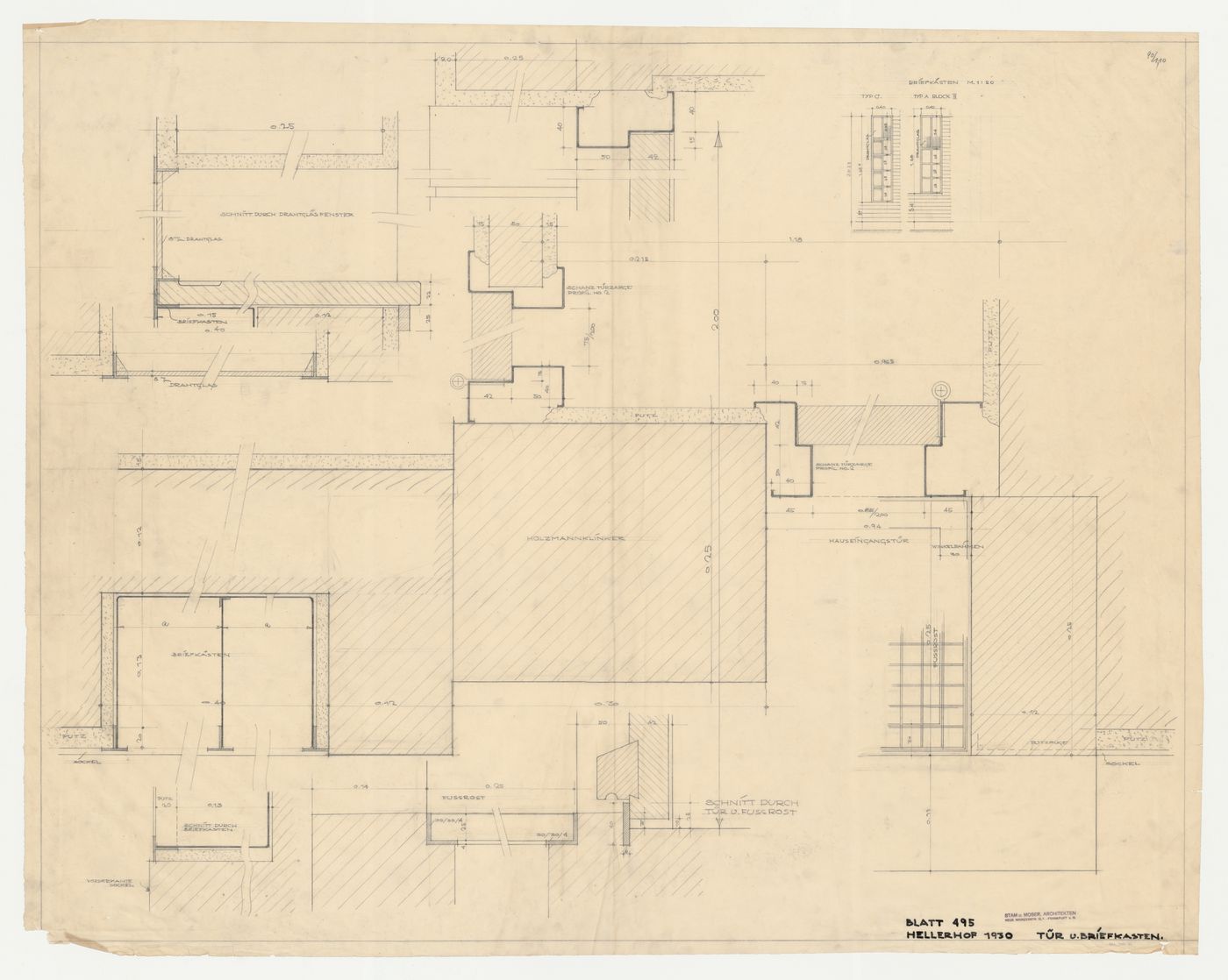 Partial elevations and sectional details for a door and mailbox and for type A and type C housing units, Hellerhof Housing Estate, Frankfurt am Main, Germany