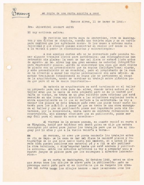 Correspondence, letter to Chloethiel Woodward Smith from Amancio Williams