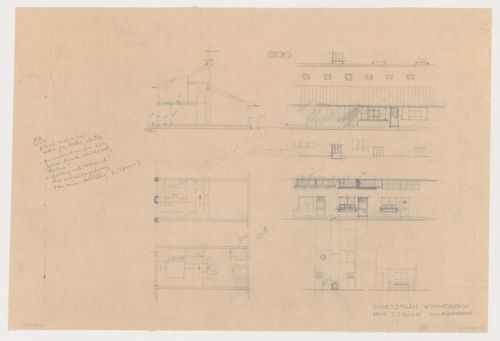 Plans, section, partial sections, and elevations for a house/studio, Hillegersberg, Netherlands