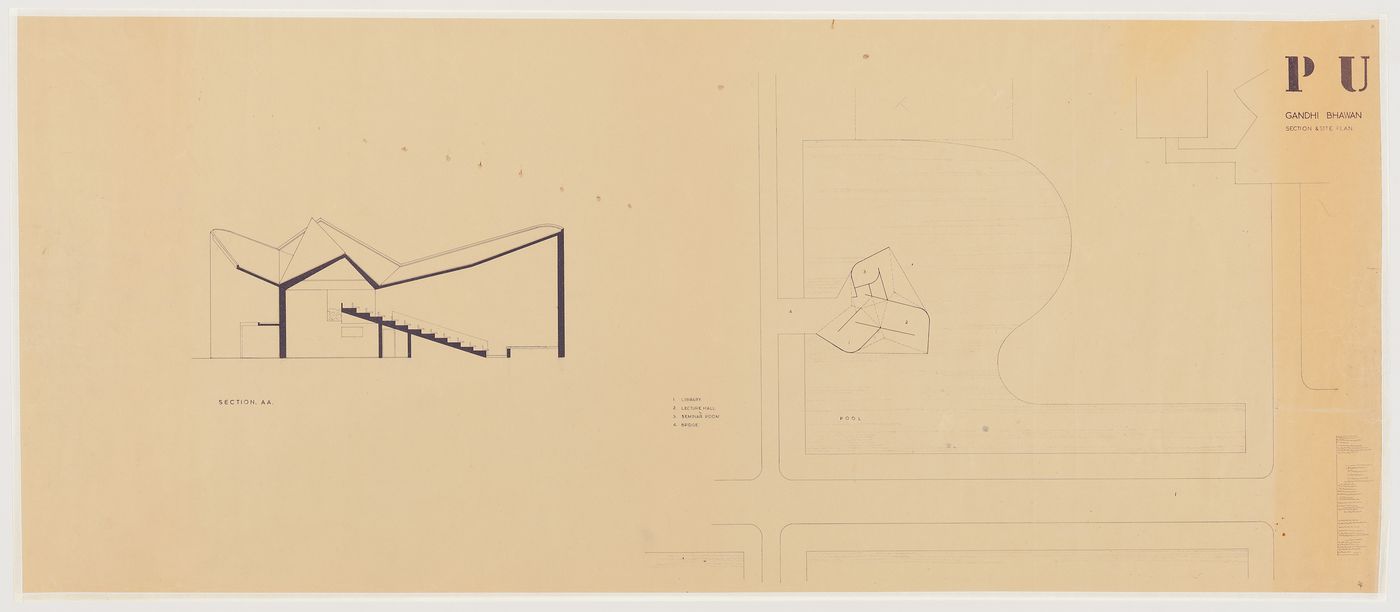 Gandhi Bhawan, Punjab University, Chandigarh, India: section and site plan