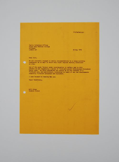 Letter from Will Alsop of the office of Cedric Price to the Public Relations Officer at the Royal Army Medical College concerning the contents of a first-aid box (in conjunction with the McAppy project)