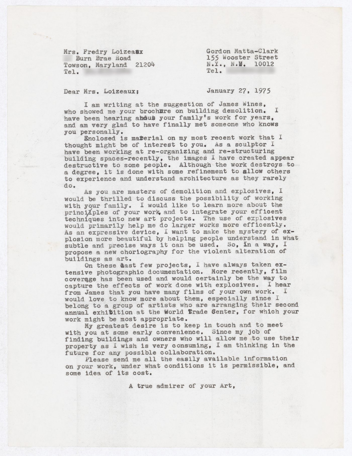 Letter from Gordon Matta-Clark to Fredry Loizeaux