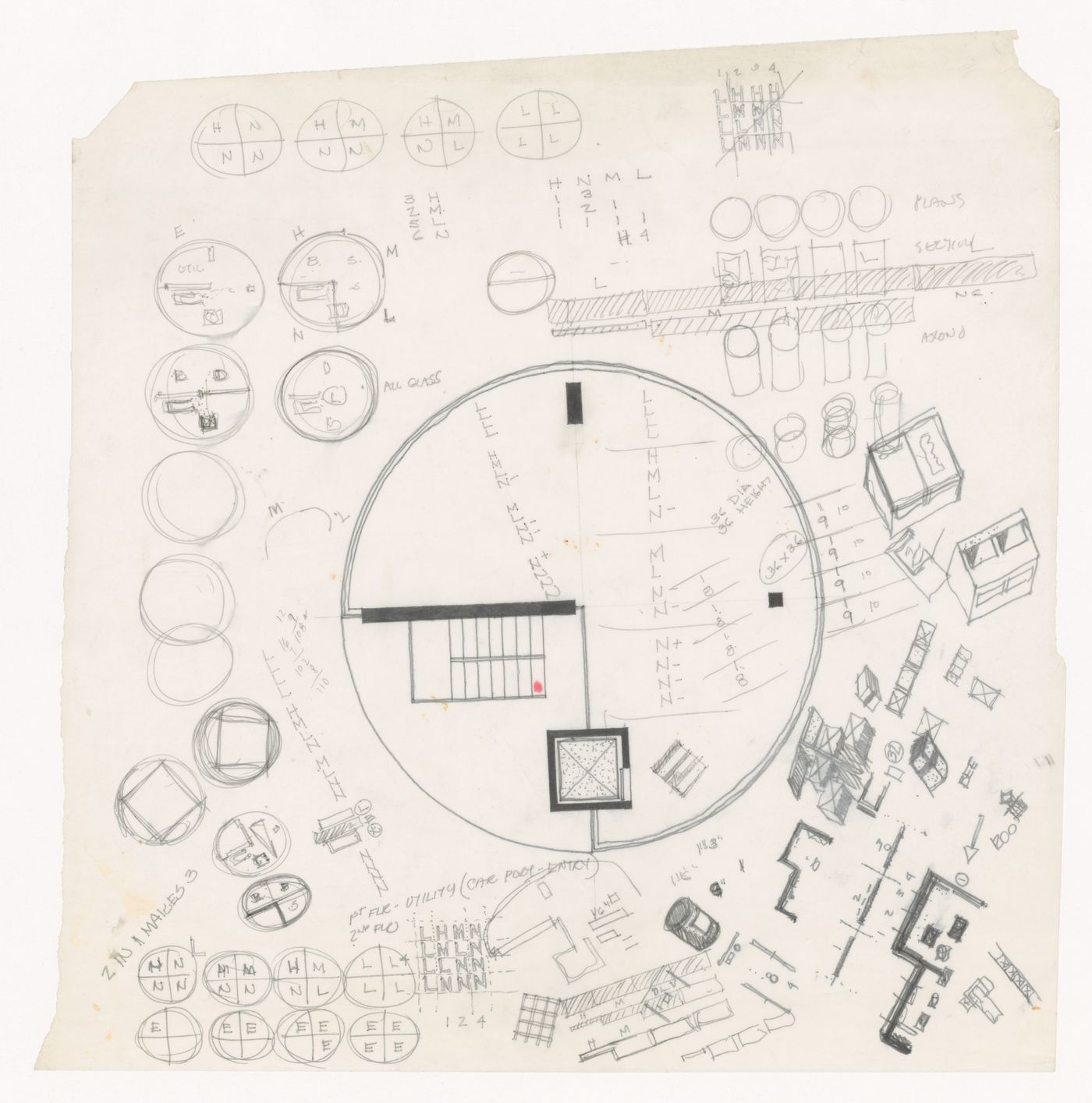 Plan with sketches and notes for Circular House