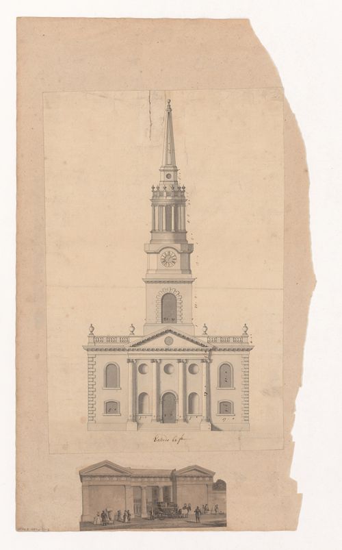 Elevation of a church façade (top) and view of a cemetery entrance (bottom)