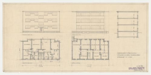 Basement and first floor plans, elevations and sections for a two bedroom house, Josbacher Strasse, Frankfurt am Main, Germany