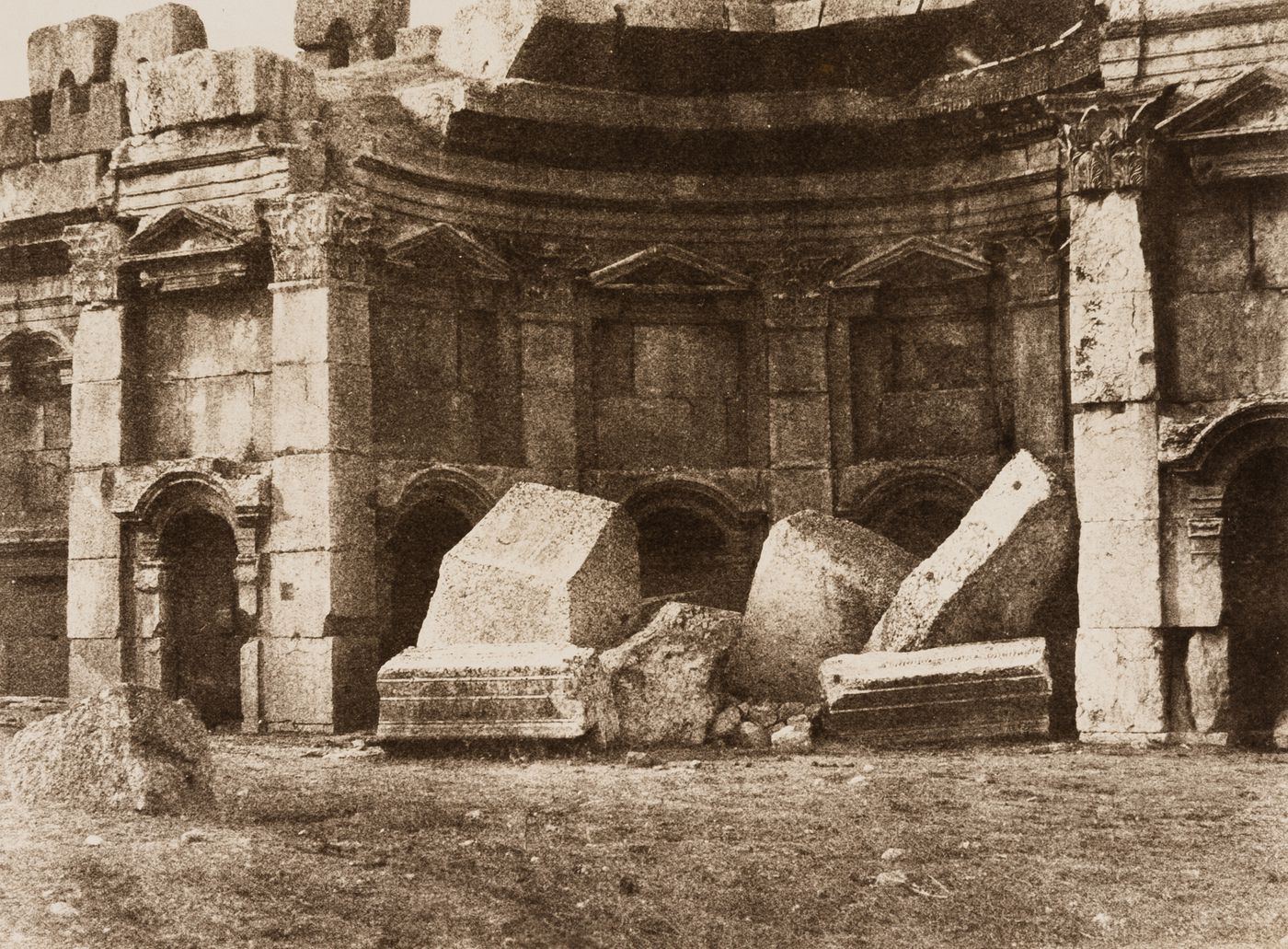 View of a semicircular structure in the ruins of the Temple to Jupiter, Baalbek, Ottoman Empire (now in Lebanon)