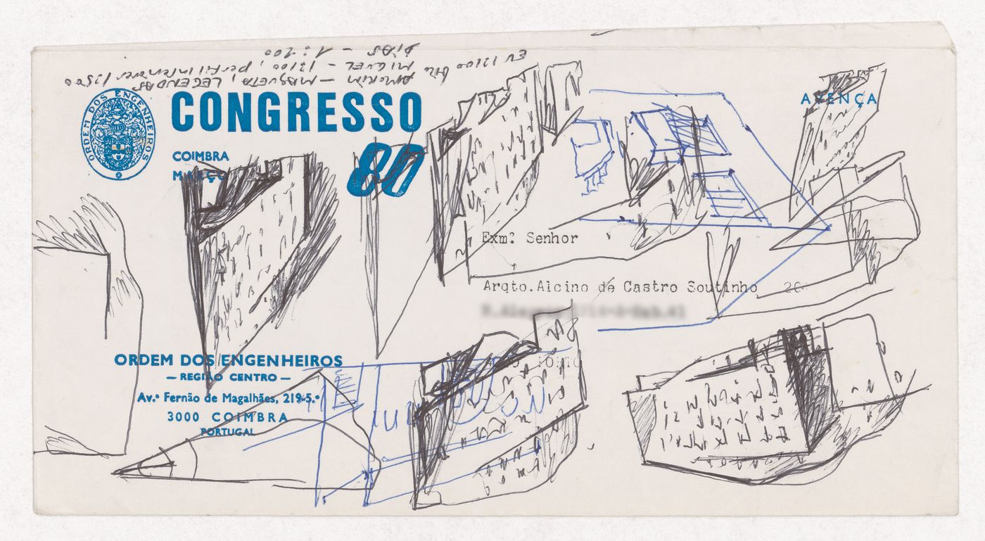 Sketch perspectives with notes for Blocke 70 und 89, Kreuzberg, Fränkelufer, Berlin, Germany; verso: Sketch perspectives, plans, and axonometric views with notes for Blocke 70 und 89, Kreuzberg, Fränkelufer, Berlin, Germany