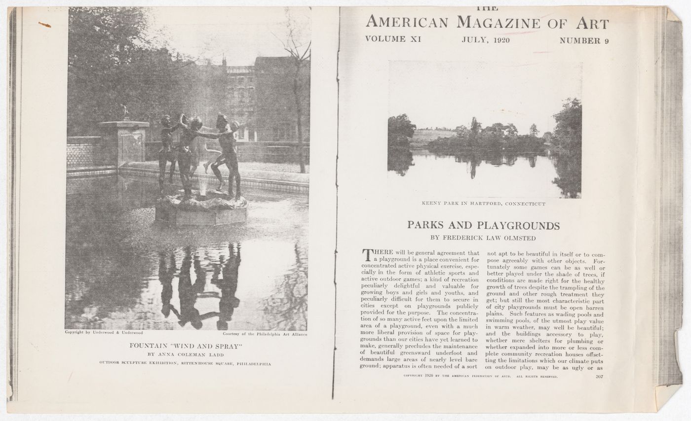 Photocopy of article by Frederick Law Olmsted, Parks and Playgrounds, The American Magazine of Art, Vol XI, No 9 for the exhibition Olmsted: L'origine del parco urbano e del parco naturale contemporaneo