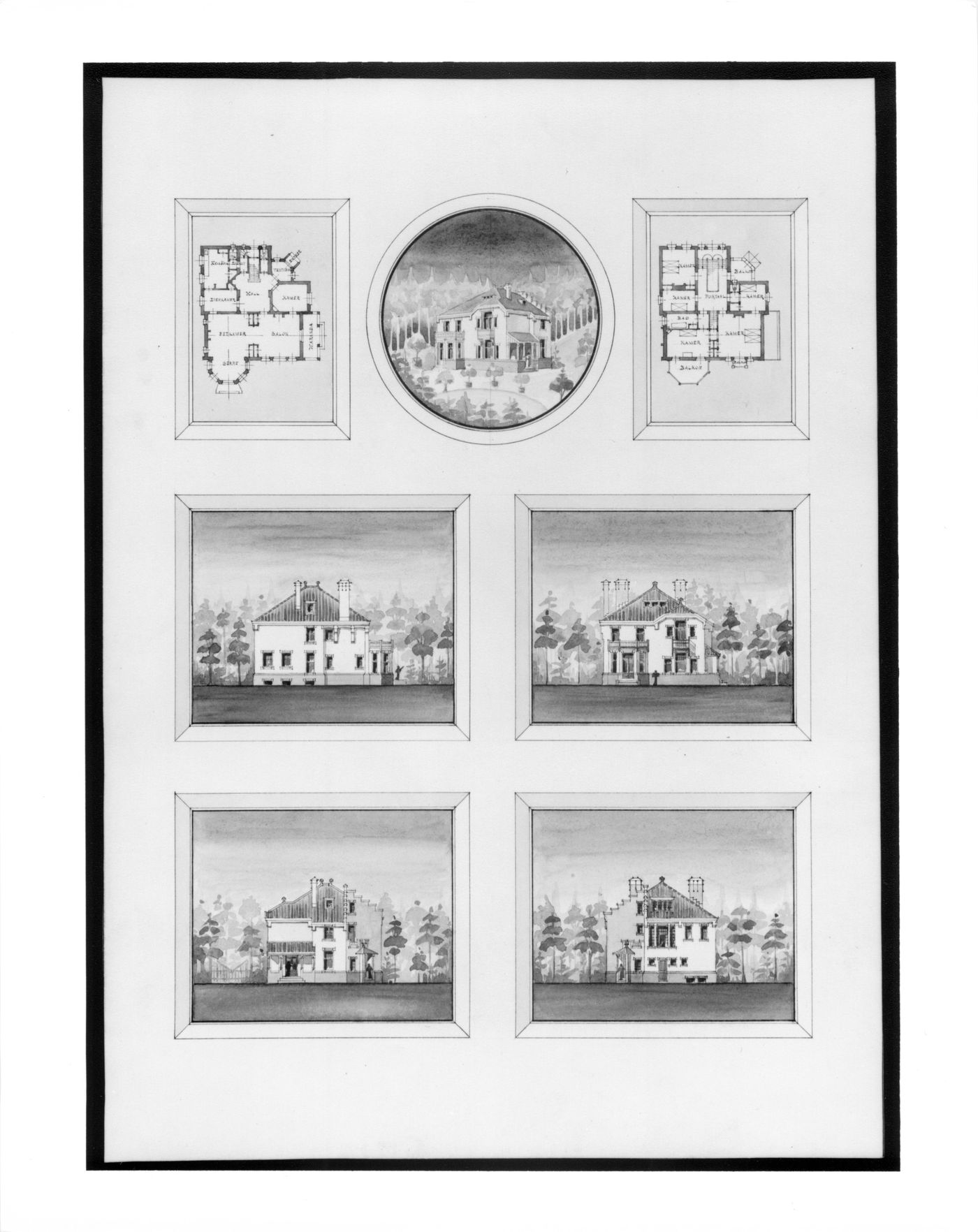 Perspective, ground and first floor plans and elevations for a house, Netherlands