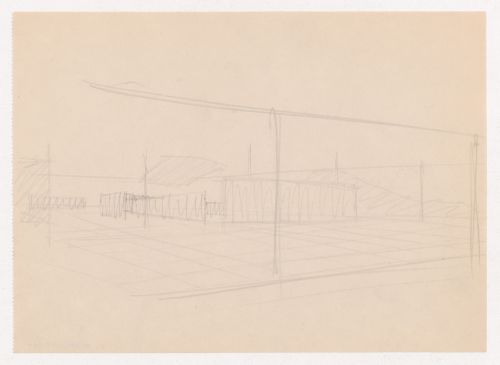 Exterior perspective sketch for Museum for a Small City showing the auditorium with suspended ceiling