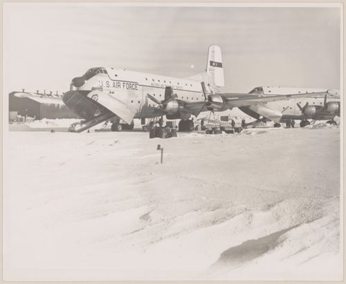 View of U.S. Air Force Military Air Transport Service planes at DEW Line radar station BAR-Main, Kaktovik, Alaska, United States