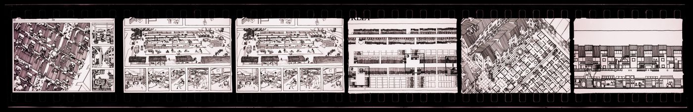Negative strip of illustrations for the publication "Housing a Billion: Urban Upgrading: Design Ideals for Rural China" publication