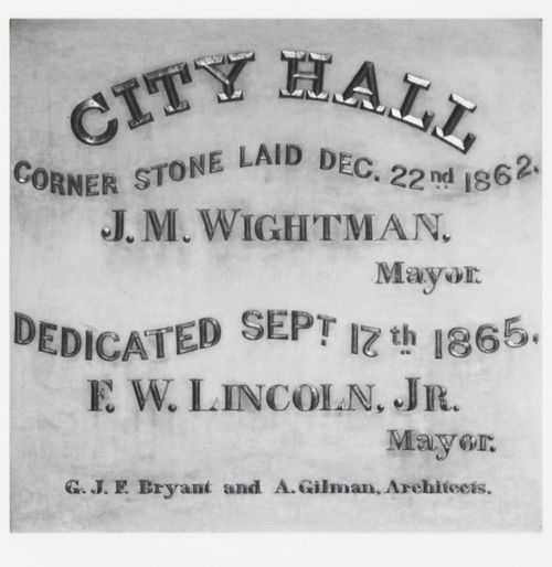 View of dedication plaque, entrance hall, Old City Hall, Boston, Massachusetts, United States