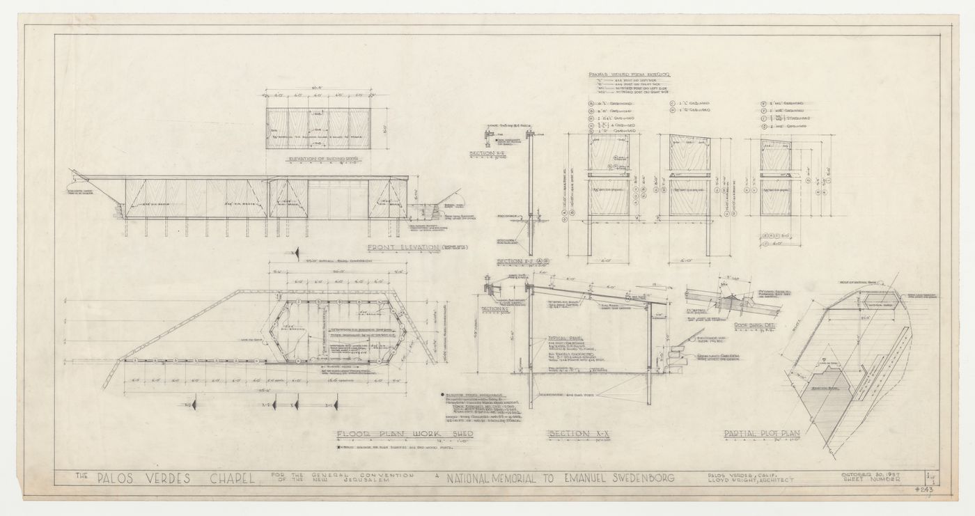 Wayfarers' Chapel, Palos Verdes, California: Ground plan, section, partial block plan and elevation for the work shed, with sections and elevations for the wooden sliding doors