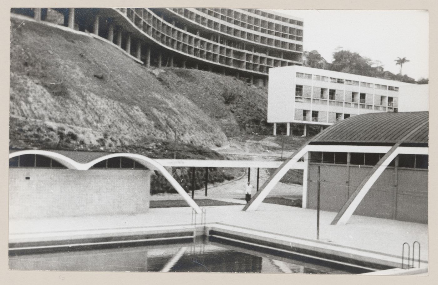 View of gymnasium, under construction, Pedregulho, Rio de Janeiro, Brazil
