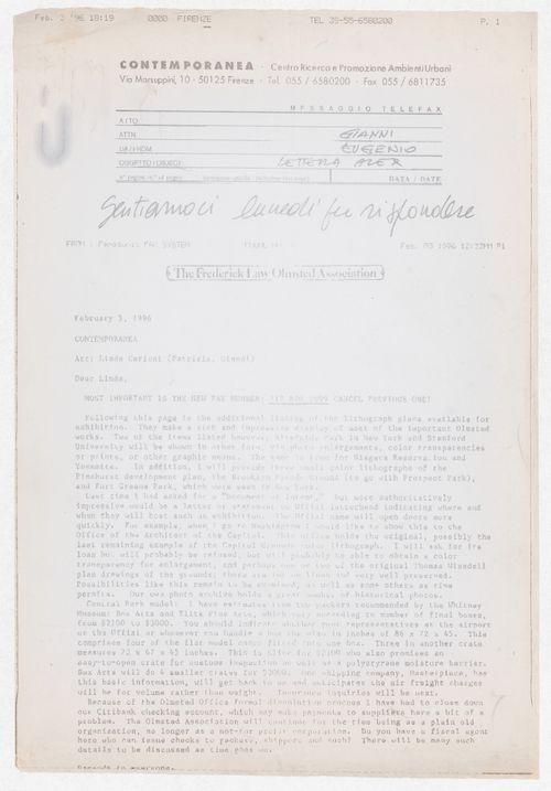 Correspondence with The Frederick Law Olmsted Association for the exhibition Olmsted: L'origine del parco urbano e del parco naturale contemporaneo