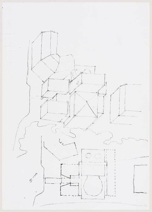 Center for Theatre Arts, Cornell University, Ithaca, New York: sketch axonometric and plan
