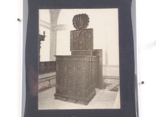 View of the throne [?] in the Salón del Generalito with the choir stalls of the Iglesia de San Agustín in the background, Colegio de San Ildefonso, Mexico City