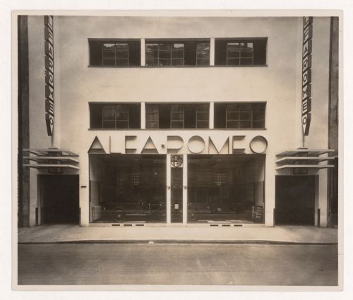 Exterior view of entrance to Alfa Romeo Garage, Marbeuf road, 8th arrondissement, Paris, France