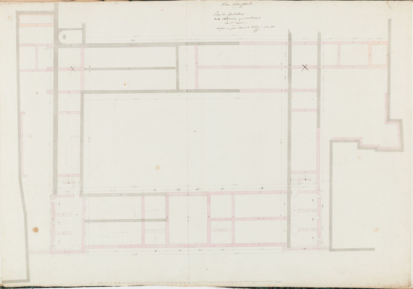 Project for the caserne de la Gendarmerie royale, rue Mouffetard: Foundation plans for the buildings surrounding the first courtyard