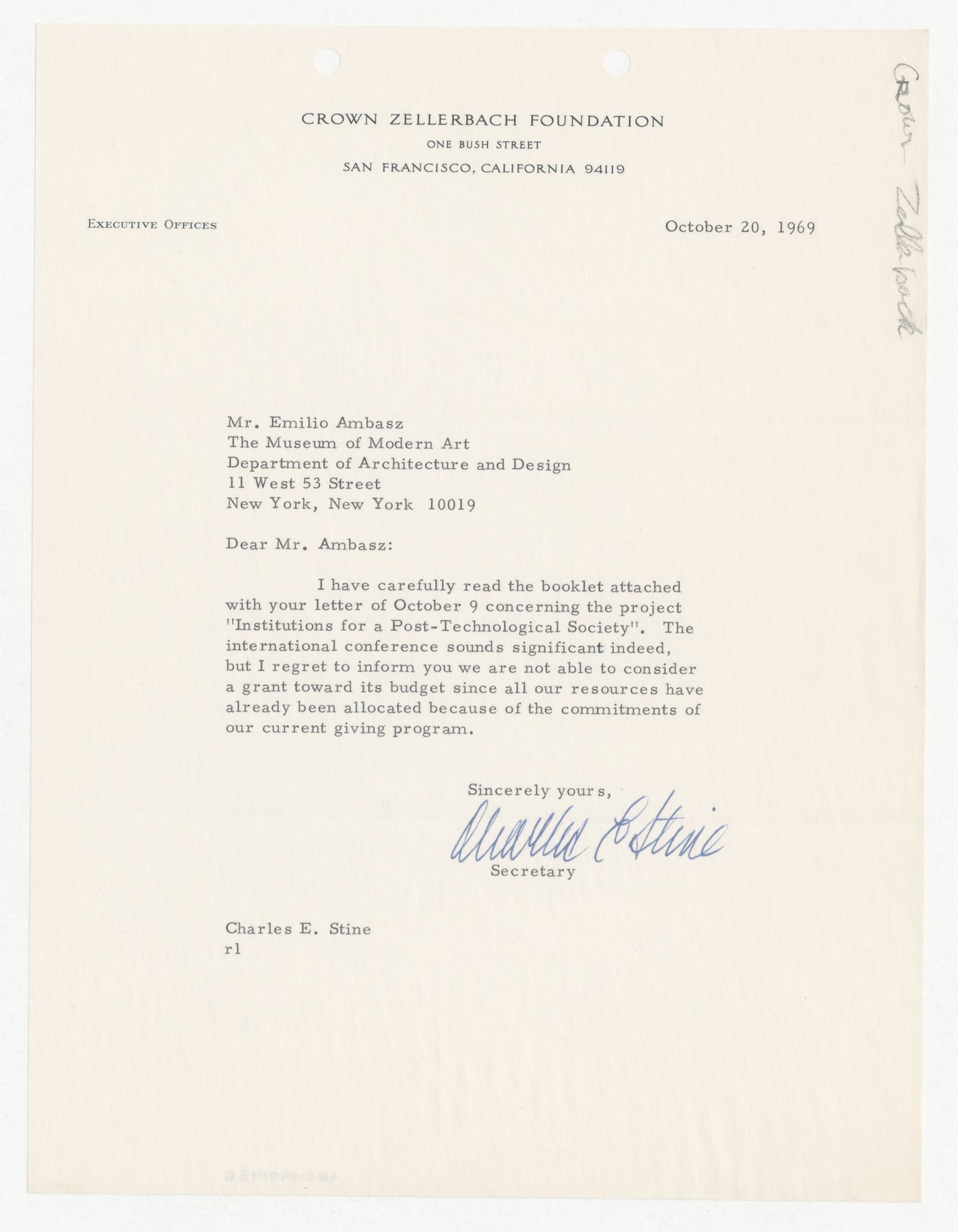 Letter from Charles E. Stine to Emilio Ambasz responding to proposal for Institutions for a Post-Technological Society conference