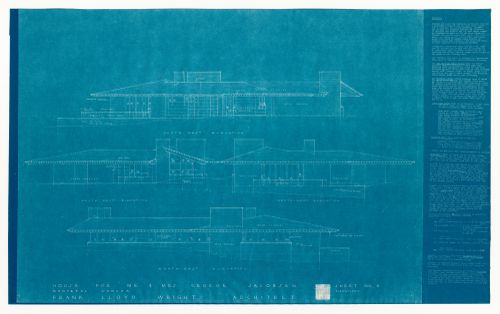 Southwest, southeast, northwest and northeast elevations with specifications for the 1950 design for the Mr. & Mrs. George Jacobsen House, Hudson, Québec