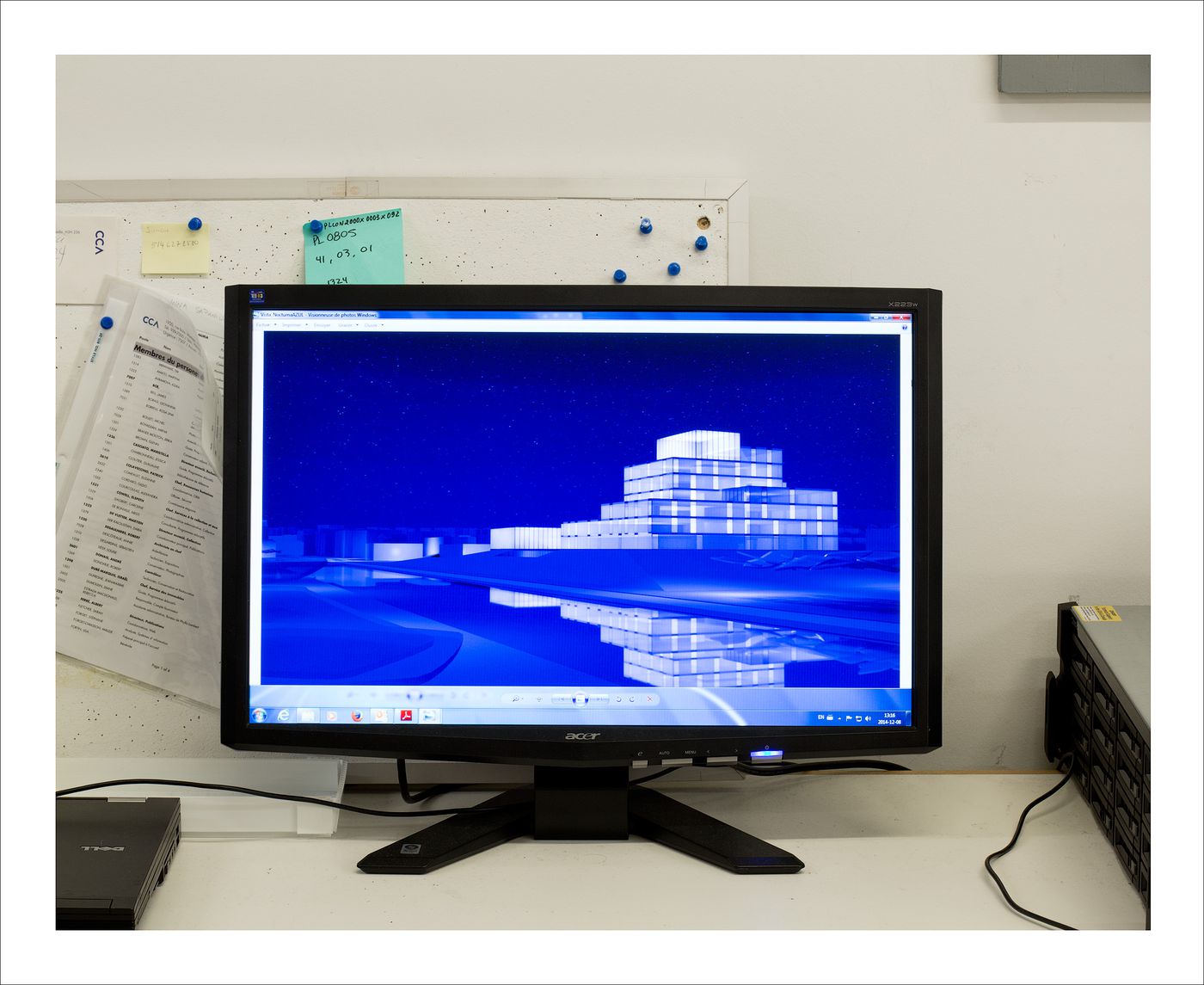 Proofs of Relevance: View of a digital rendering on a computer screen showing the EPFL Learning Center, Abalos & Herreros (2004), Lausanne, Switzerland