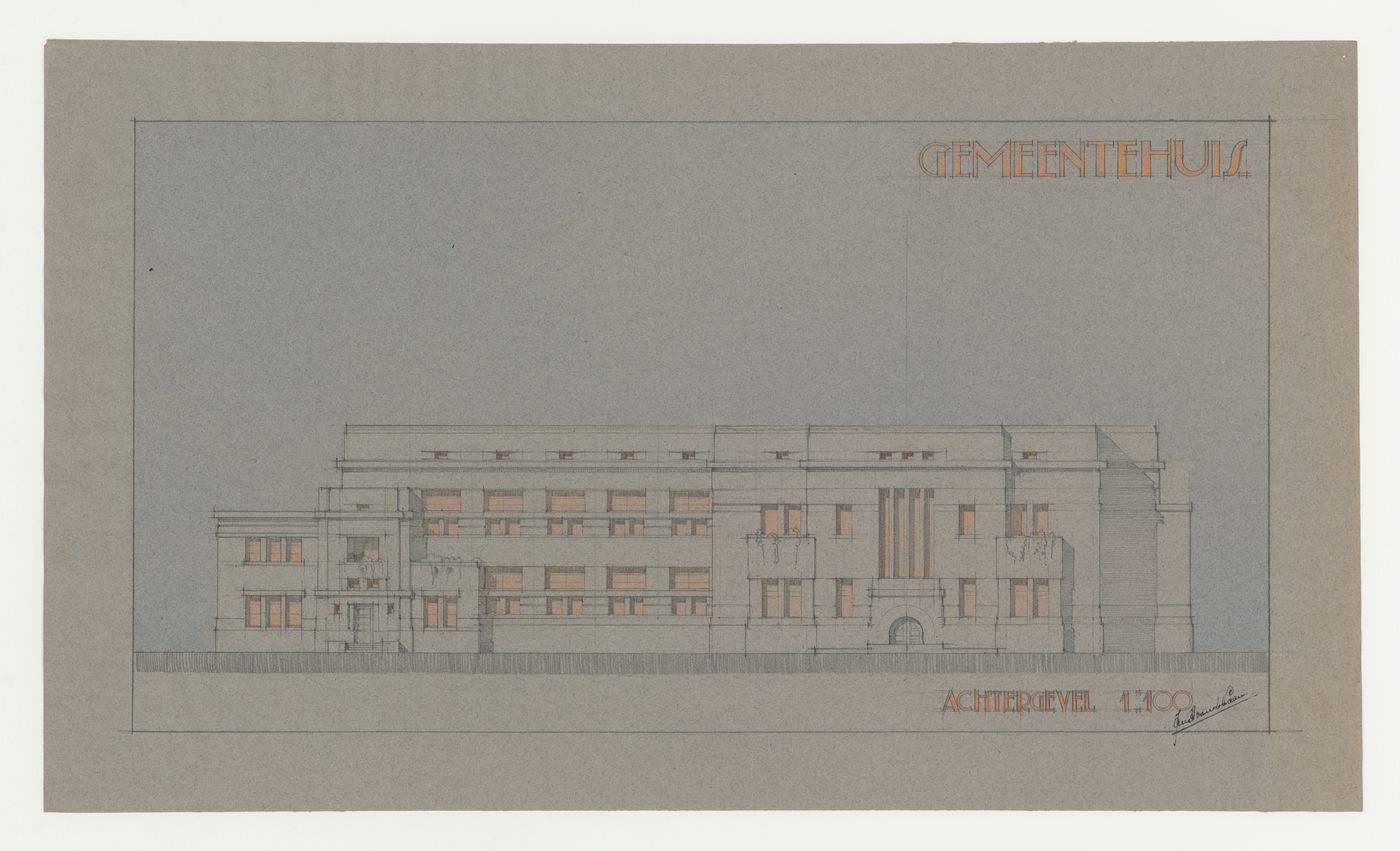 Student drawing [?] showing a rear elevation for a town hall, Netherlands