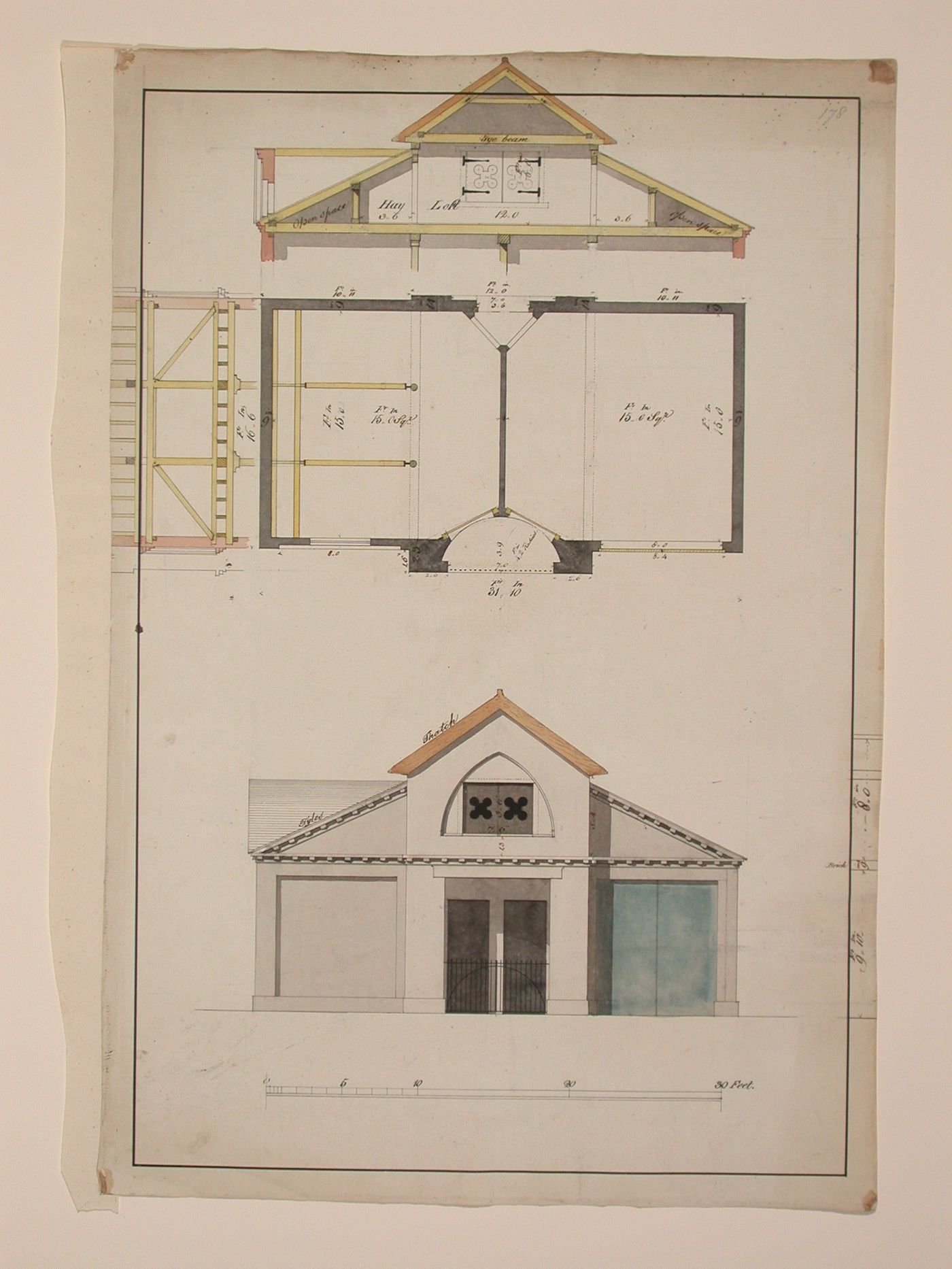 Designs for a thatched barn - elevation, plan and section