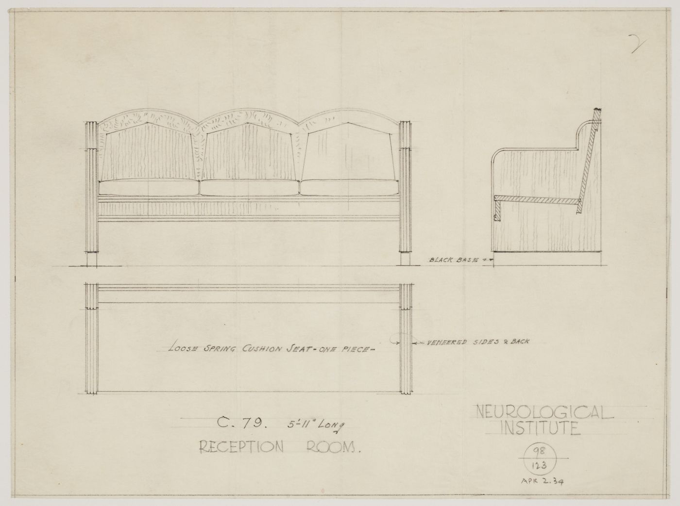 Montréal Neurological Institute, Montréal, Québec: drawing for seating furniture for reception room