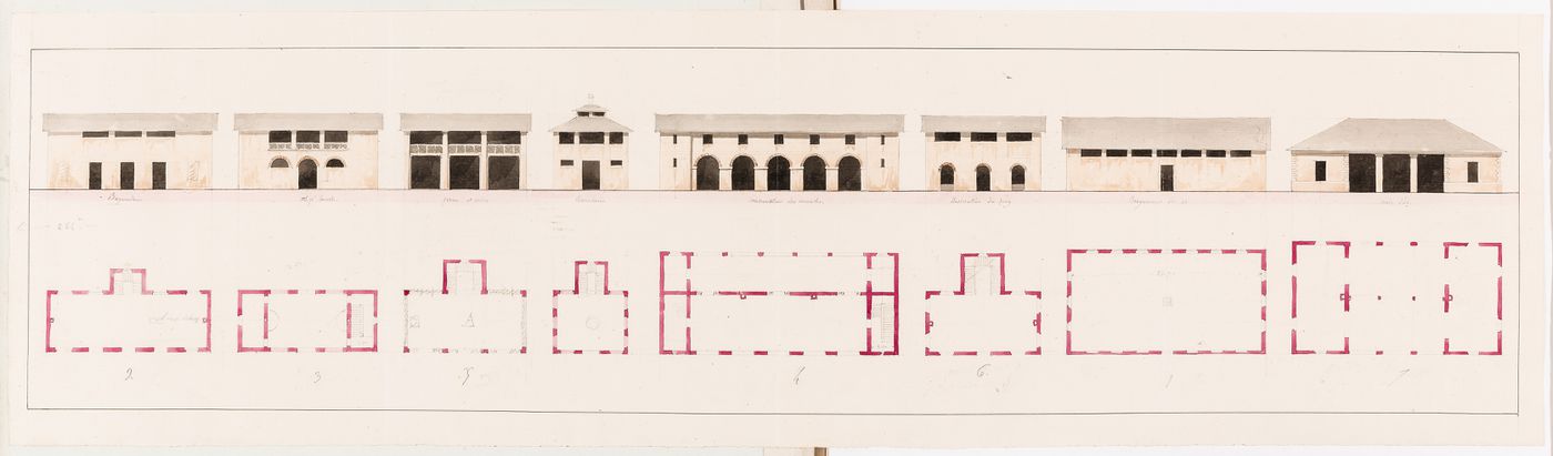 Project for Clos d'équarrissage, fôret de Bondy: Plans and elevations for eight buildings related to the processing of offal