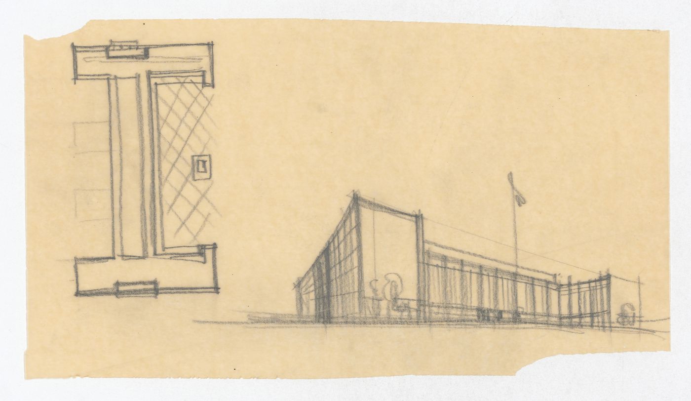 Plan and perspective of an early scheme, United States Chancellery Building, London, England