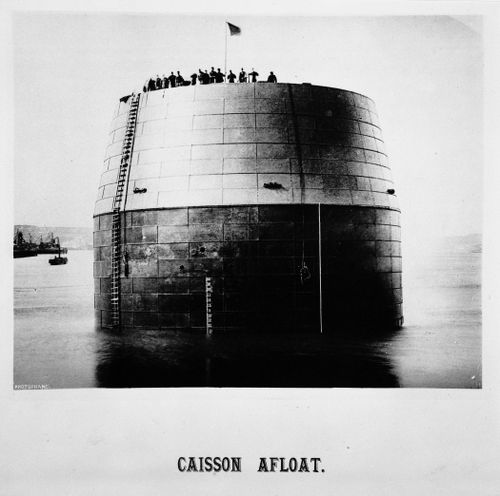 View of a building site for the construction of the Forth Bridge, Firth of Forth, Scotland