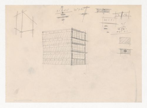 Perspective sketch for a campus building for Illinois Institute of Technology, with unidentified sketches