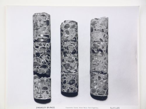 Studio view of concrete cores from main carriageway of the Swanley Bypass, England