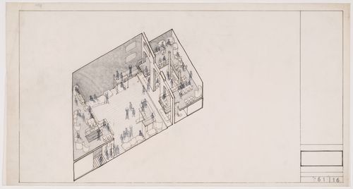Axonometric interior view with figures and furniture for Donmar Theatre, London, England