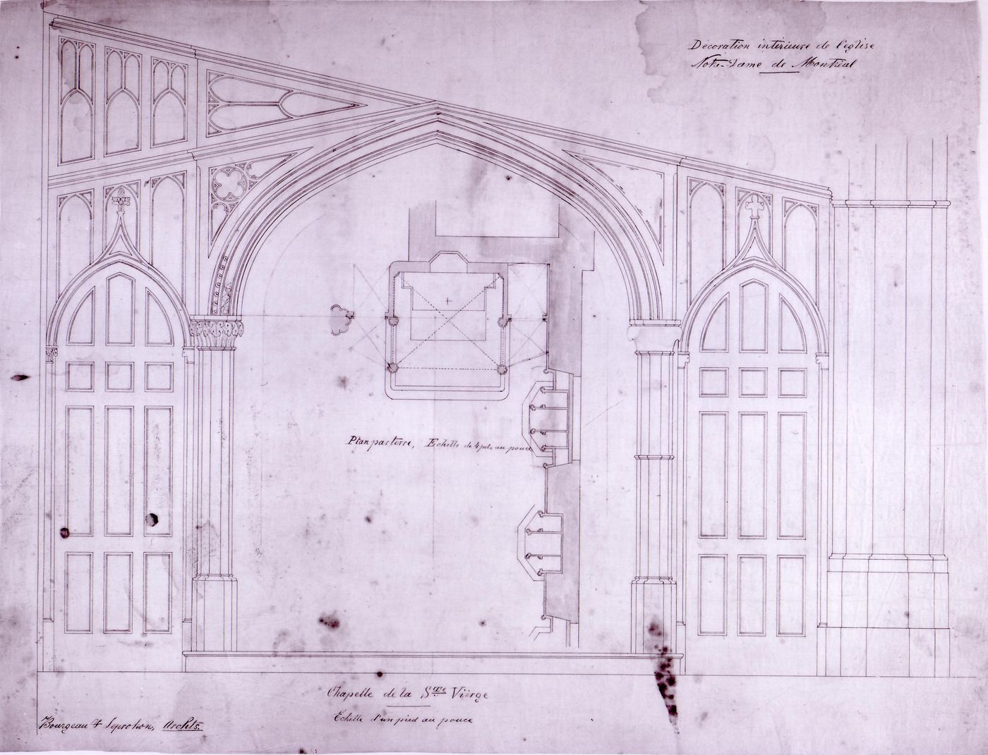 Elevation and floor plan for the Chapelle de la Sainte-Vierge for the interior design by Bourgeau et Leprohon for Notre-Dame de Montréal