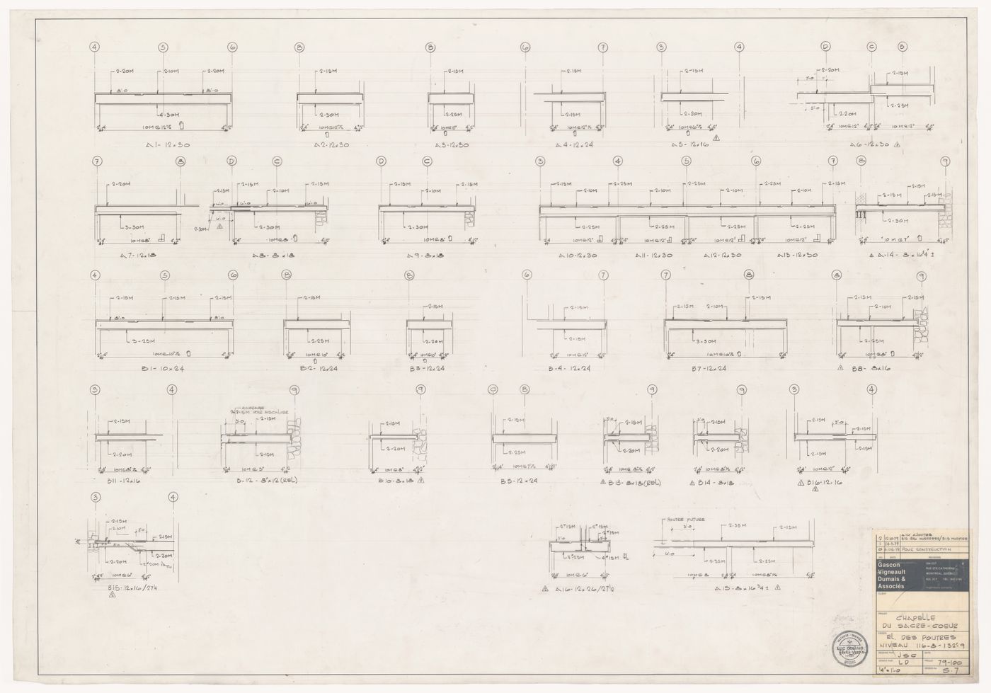 Elevations for column details for the reconstruction of the Chapelle du Sacré-Coeur, Notre-Dame de Montréal