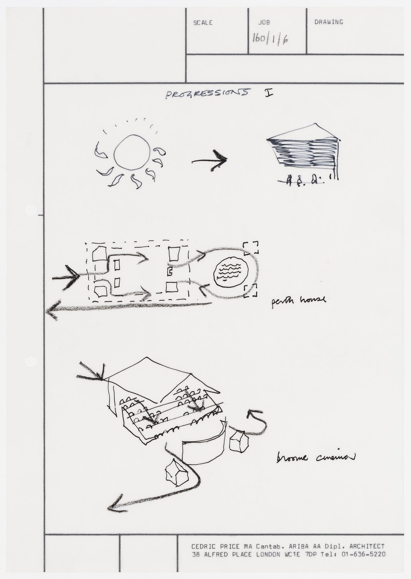 Perth: diagrams for direction of sunlight at entrance to Hammersley House and circulation at Perth House and at the Broome Cinema