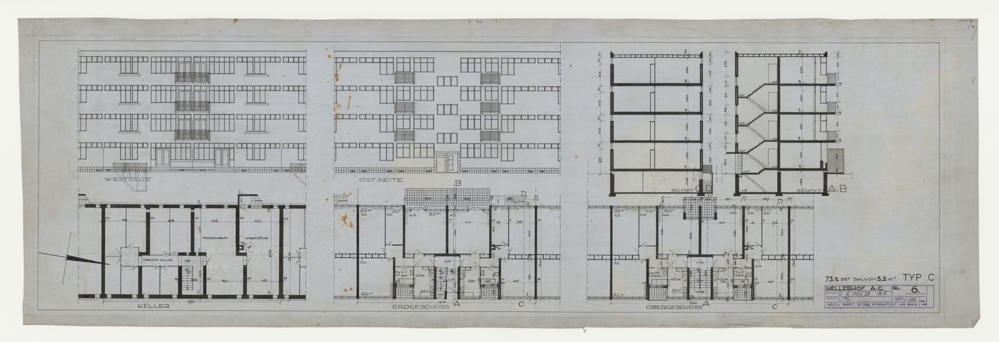Basement, ground, and first floor plans, east and west elevations, and sections for a type C housing unit, Hellerhof Housing Estate, Frankfurt am Main, Germany