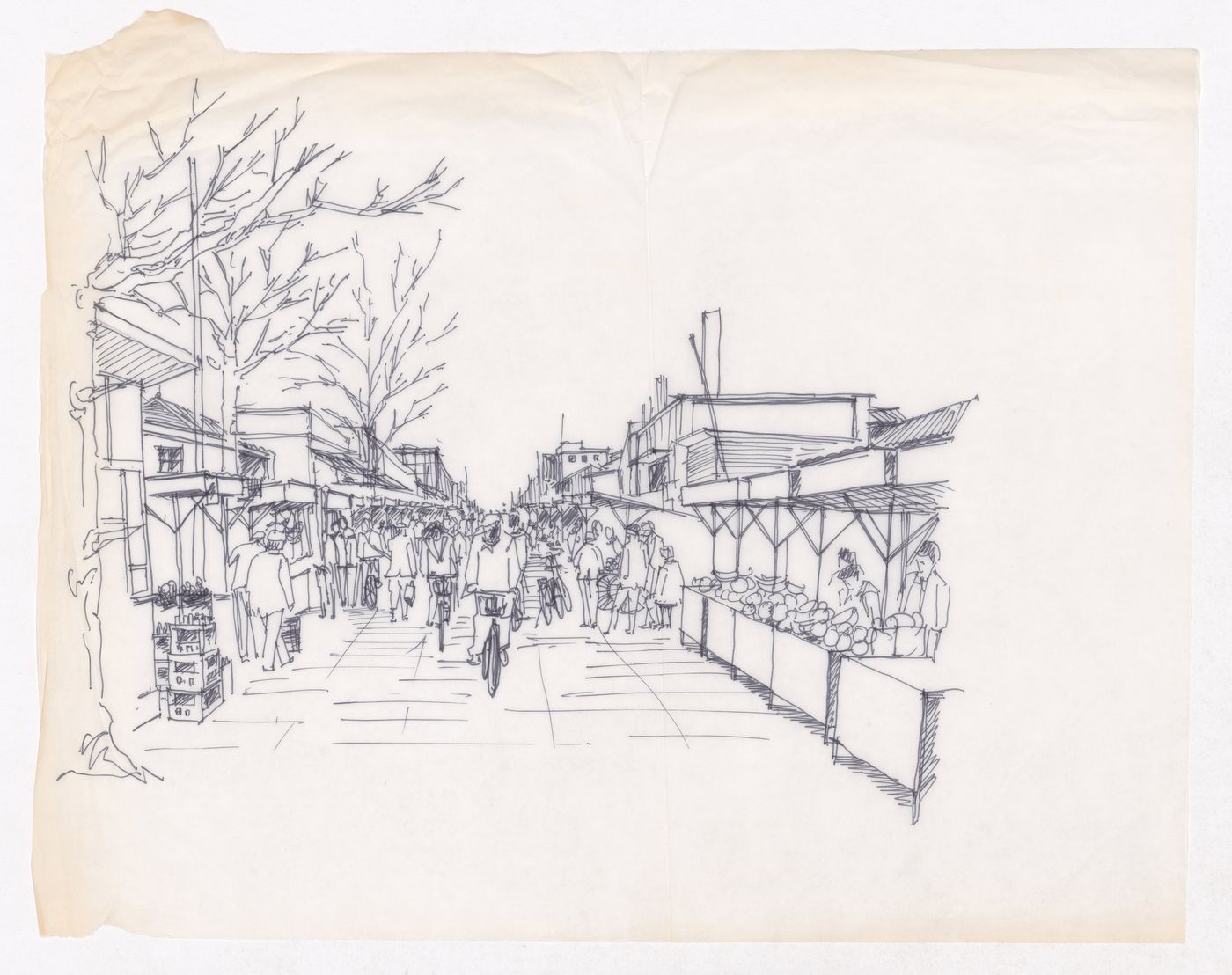 Sketch of a street view with inhabitants possibly for one of the Sichuan housing project "Housing a Billion" publications