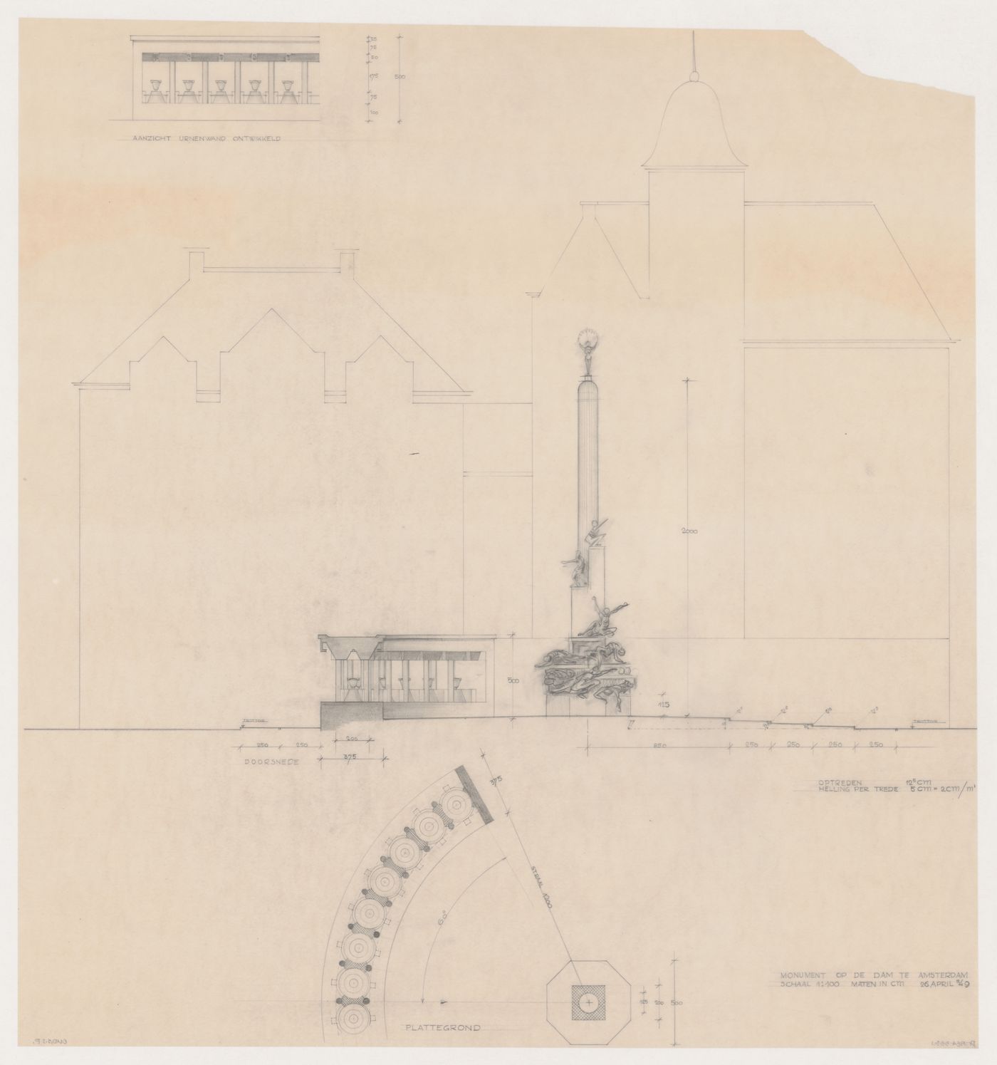 Partial section for the National Monument with partial elevation and partial plan for the wall of urns, showing sculptures by Johannes Anton Rädecker and Johan Rädecker, Dam Square, Amsterdam, Netherlands