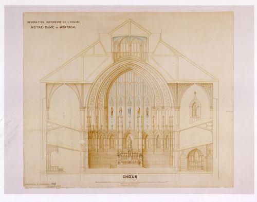 Sectional elevation for the choir for the interior design by Bourgeau et Leprohon for Notre-Dame de Montréal