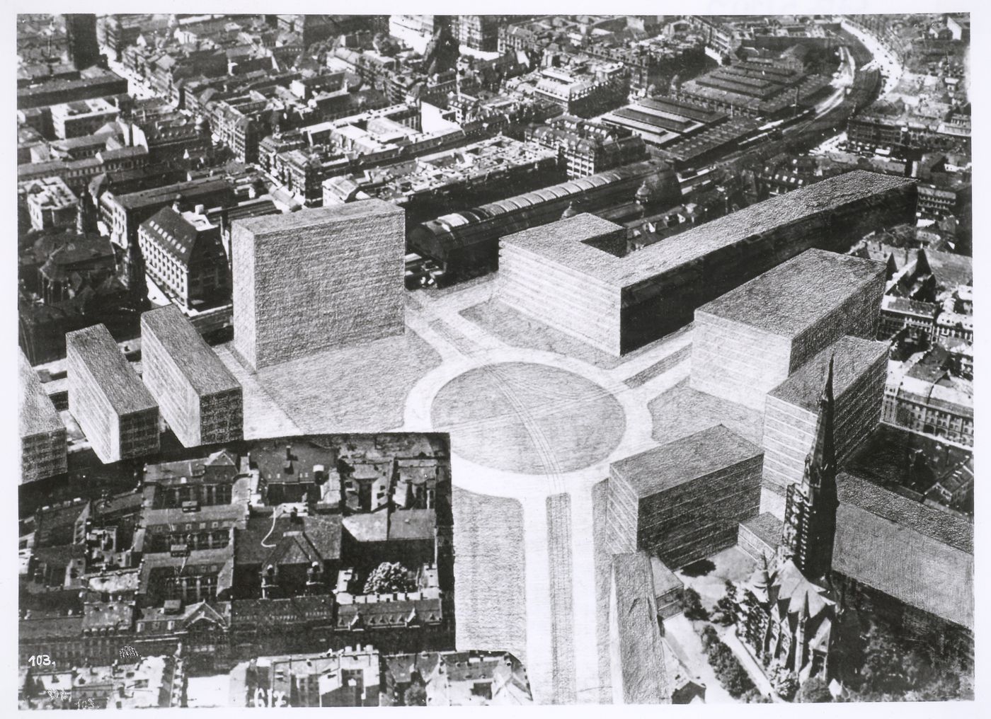 Photocollage of a model for the competition for the urban renewal of Alexanderplatz of 1928-1929, Berlin