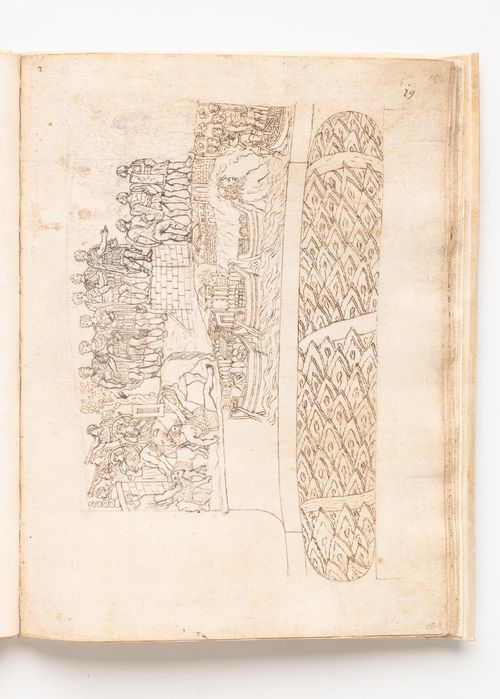 View of torus and lower bands of Trajan's Column, Rome; verso: Sketch of a Roman soldier stepping to the left