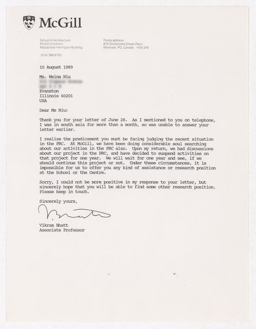 Letter from Vikram Bhatt to Ms. Weina Niu about the suspension of the Sichuan housing project in China